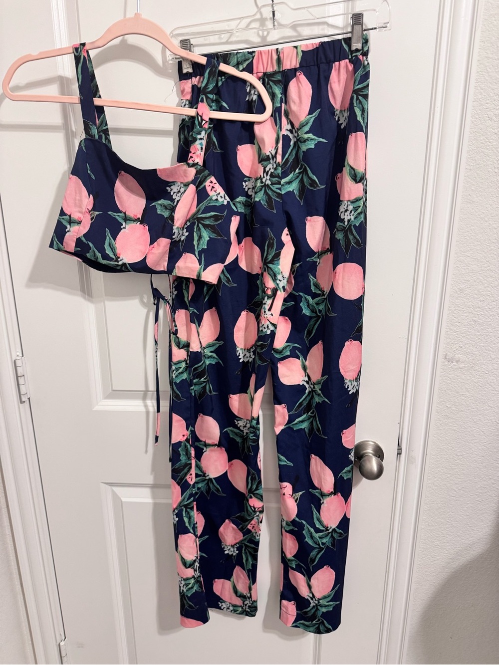 Women's Navy Pink Floral Lemon Print Pants & Crop Top Set